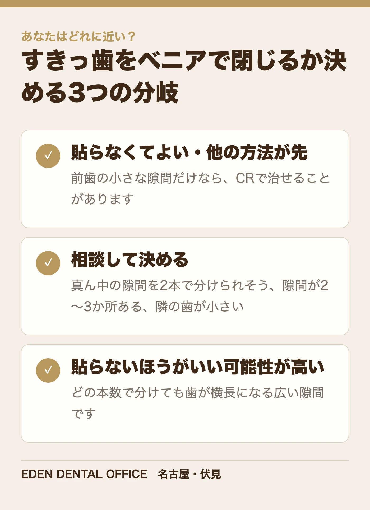すきっ歯をベニアで閉じるか決める3つの分岐|名古屋エデンデンタルオフィス