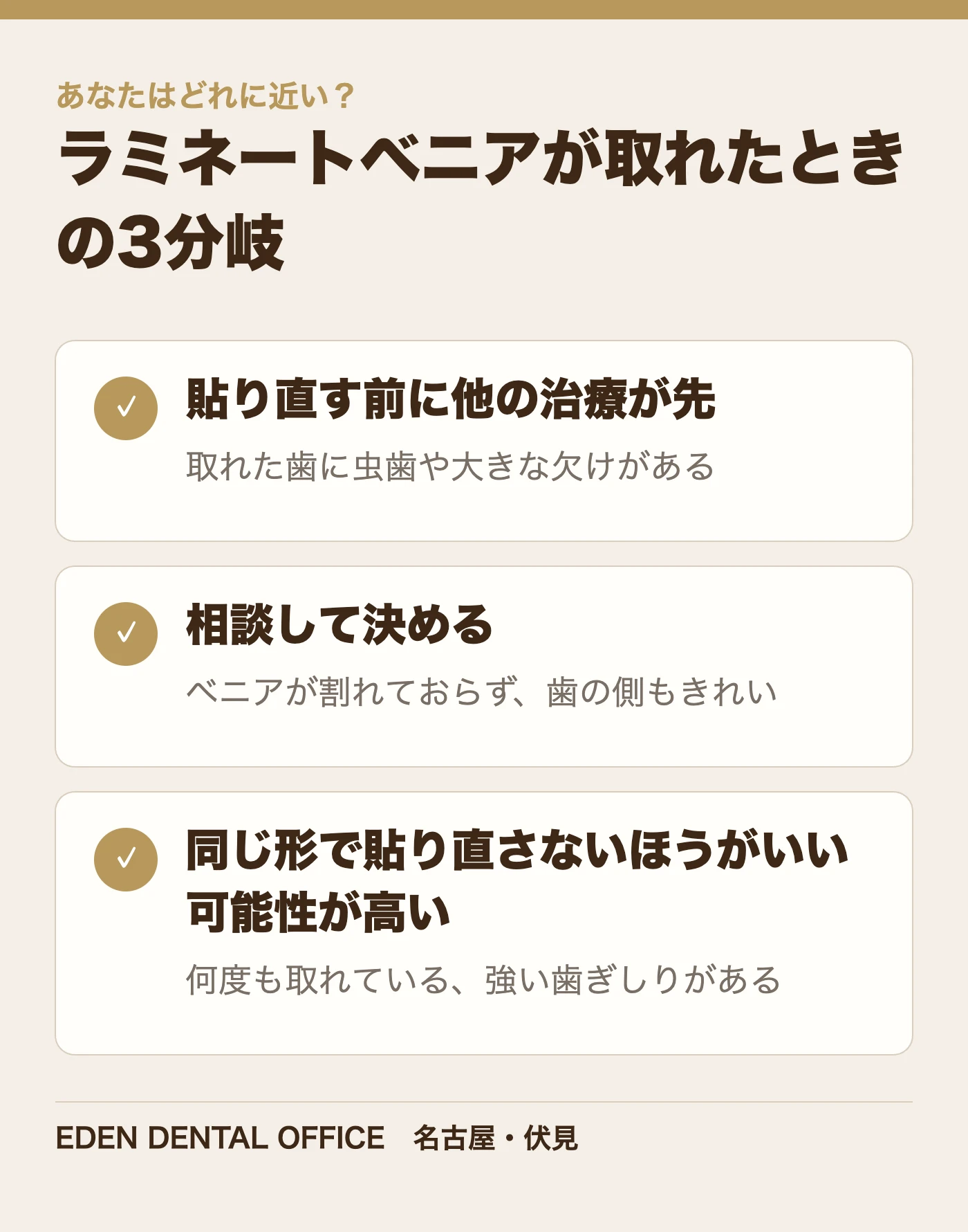 ラミネートベニアが取れたときの3分岐|名古屋エデンデンタルオフィス