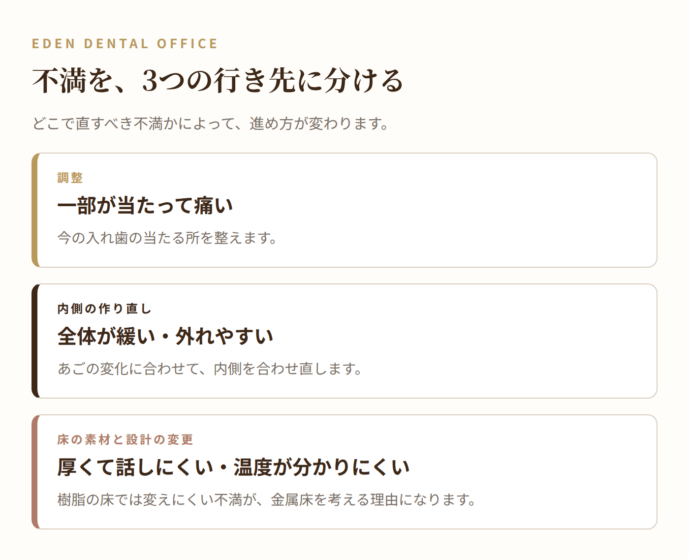 入れ歯の不満を3つの行き先に分ける|名古屋エデンデンタルオフィス